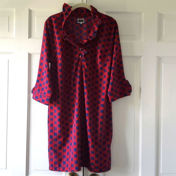 MUD PIE BLUE RED RUFFLE NECK SHIFT DRESS SIZE LARGE CHAIN PATTERN PREPPY GOLD - Picture 1 of 10